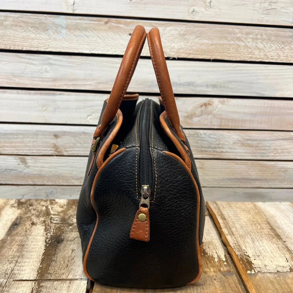 Vintage Liz Claiborne Black Pebbled Leather Satchel Tan Trim Doctor Bag Purse